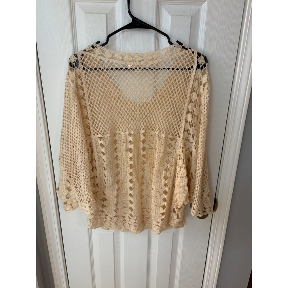 Entro Crochet Knit Top Womens Large Cream Boho V-Neck Mesh 3/4 Sleeve - Picture 4 of 4